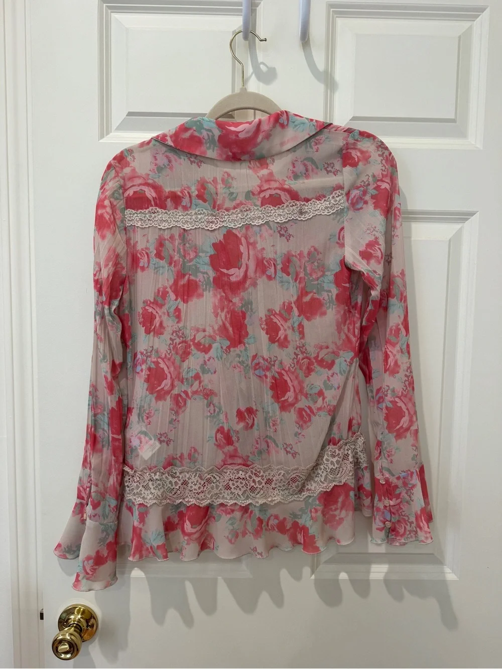 Free People Pink Floral Ruffle Lace Blouse